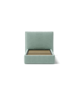 LETTO SINGOLO "ZOOM" IN TESSUTO COLORE CELESTE CON RETE E CONTENITORE, 90X190 CM