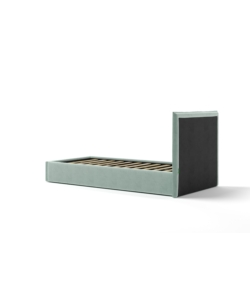 LETTO SINGOLO "ZOOM" IN TESSUTO COLORE CELESTE CON RETE E CONTENITORE, 90X190 CM