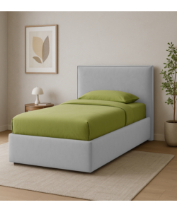 LETTO SINGOLO "ZOOM" IN TESSUTO COLORE PERLA CON RETE E CONTENITORE, 90X190 CM