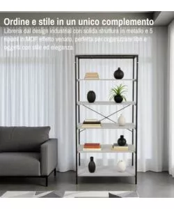 LIBRERIA 5 RIPIANI BELLAHOME "INDUSTRIAL" GRIGIO 80X30X180 CM