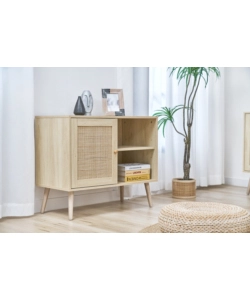 MADIA MULTIFUNZIONALE BELLA HOME CON PORTA BATTENTE IN RATTAN E 2 RIPIANI 80X39X67 CM