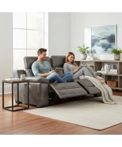 DIVANO 3 POSTI BELLAHOME "GIULIA" CON SISTEMA RELAX, IN ECOPELLE EFFETTO INVECCHIATO GRIGIO 210X106X85 CM