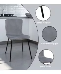SET PRANZO BELLAHOME "CABRERA" TAVOLO ESTENSIBILE NERO EFFETTO MARMO E 4 SEDIE VELLUTO GRIGIO