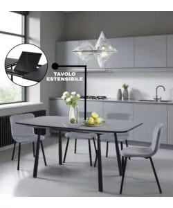 SET PRANZO BELLAHOME "CABRERA" TAVOLO ESTENSIBILE NERO EFFETTO MARMO E 4 SEDIE VELLUTO GRIGIO