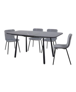 SET PRANZO BELLAHOME "CABRERA" TAVOLO ESTENSIBILE NERO EFFETTO MARMO E 4 SEDIE VELLUTO GRIGIO