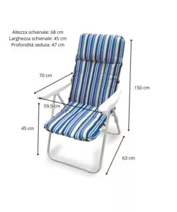 POLTRONA DA ESTERNO PIEGHEVOLE, MULTIPOSIZIONE E IMBOTTITA ESSENZA "ISCHIA" IN ACCIAIO A RIGHE BLU 68X58X106 CM