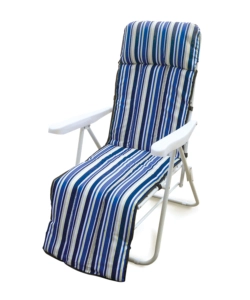 POLTRONA DA ESTERNO PIEGHEVOLE, MULTIPOSIZIONE E IMBOTTITA ESSENZA "ISCHIA" IN ACCIAIO A RIGHE BLU CON POGGIAPIEDI 77X58X106 CM