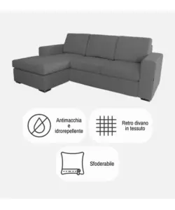DIVANO CON PENISOLA REVERSIBILE BELLAHOME "BOLOGNA" GRIGIO TESSUTO SFODERABILE E ANTIMACCHIA, 235X165X88 CM