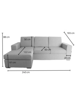 DIVANO CON PENISOLA REVERSIBILE BELLAHOME "BOLOGNA" GRIGIO TESSUTO SFODERABILE E ANTIMACCHIA, 235X165X88 CM