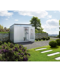 CASETTA DA GIARDINO BIOHORT "AVANTGARDE ECO MIS.A5" IN ACCIAIO ZINCATO ARGENTO METALLIZZATO CON PORTA BATTENTE DOPPIA 260X220X218 CM - COD. 15659