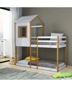 LETTO A CASTELLO PER RAGAZZI BELLAHOME "LILLE" IN PINO MASSELLO CON SOPPALCO A CASETTA 200,5X111X215 CM