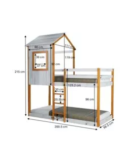 LETTO A CASTELLO PER RAGAZZI BELLAHOME "LILLE" IN PINO MASSELLO CON SOPPALCO A CASETTA 200,5X111X215 CM