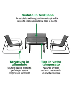 SET DA GIARDINO EUROGARDEN "MAGNOLIA" GRIGIO 4 SEDUTE E TAVOLINO