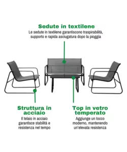 SET DA GIARDINO EUROGARDEN "MAGNOLIA" GRIGIO 4 SEDUTE E TAVOLINO