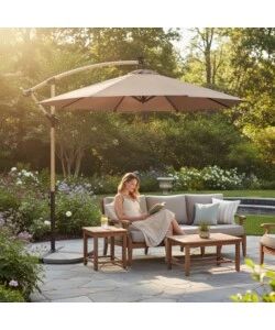 OMBRELLONE DA GIARDINO ROTONDO CON BRACCIO LATERALE EUROGARDEN CON ILLUMINAZIONE LED EFFETTO LEGNO TAUPE 3X3 M