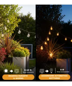 CATENA SOLARE DA ESTERNO EUROGARDEN CON 10 LAMPADINE LED A LUCE CALDA, LUMINOSITA' REGOLABILE, 8 MODALITA' 5W 7 MT