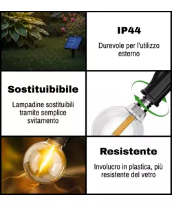 CATENA SOLARE DA ESTERNO EUROGARDEN CON 10 LAMPADINE LED A LUCE CALDA, LUMINOSITA' REGOLABILE, 8 MODALITA' 5W 7 MT