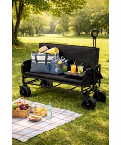 CARRELLO PIEGHEVOLE EUROGARDEN CON RUOTE E FUNZIONE PANCHINA IN ACCIAIO NERO 108X55,5X73 CM