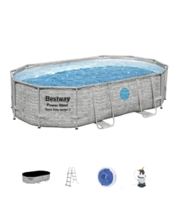 PISCINA FUORI TERRA CON STRUTTURA OVALE BESTWAY "POWER STEEL SWIM VISTA" CON OBLO' EFFETTO PIETRA 488X305X107 CM