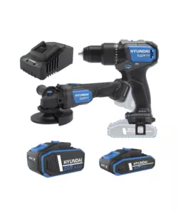 KIT TRAPANO A PERCUSSIONE E SMERIGLIATRICE ANGOLARE A BATTERIA HYUNDAI 2 BATTERIE 20V 2AH/4AH E CARICABATTERIE - COD. 25851