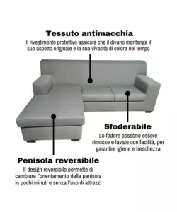 DIVANO CON PENISOLA REVERSIBILE BELLAHOME "TRIS" GRIGIO 218X162X90CM