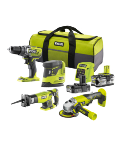KIT VALIGETTA TRAPANO AVVITATORE, SMERIGLIATRICE ANGOLARE, LEVIGATRICE PALMARE E SEGHETTO GATTUCCIO A BATTERIA RYOBI "R18DD3 + R18AG + RPS18 + RRS1801" 2 BATTERIE 18V 2AH/4AH