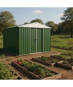 CASETTA DA GIARDINO DOMUS "XL NEW" IN METALLO VERDE CON PORTE SCORREVOLI 267X300X194 CM