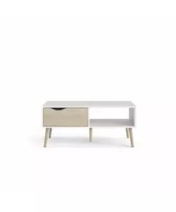 TAVOLINO DA SOGGIORNO "OSLO" BIANCO CON CASSETTO E GAMBE QUERCIA, 98,7X60,2X43,3 CM