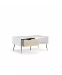 TAVOLINO DA SOGGIORNO "OSLO" BIANCO CON CASSETTO E GAMBE QUERCIA, 98,7X60,2X43,3 CM
