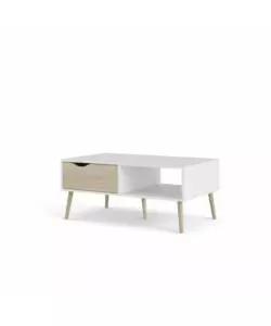 TAVOLINO DA SOGGIORNO "OSLO" BIANCO CON CASSETTO E GAMBE QUERCIA, 98,7X60,2X43,3 CM