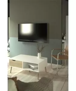 TAVOLINO DA SOGGIORNO "OSLO" BIANCO CON CASSETTO E GAMBE QUERCIA, 98,7X60,2X43,3 CM