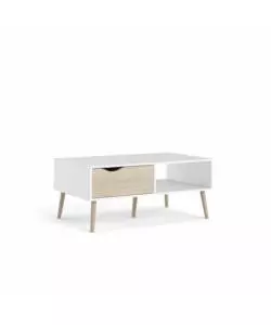 TAVOLINO DA SOGGIORNO "OSLO" BIANCO CON CASSETTO E GAMBE QUERCIA, 98,7X60,2X43,3 CM