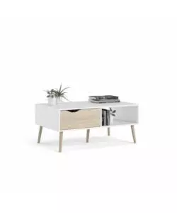 TAVOLINO DA SOGGIORNO "OSLO" BIANCO CON CASSETTO E GAMBE QUERCIA, 98,7X60,2X43,3 CM