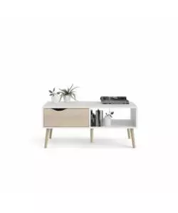 TAVOLINO DA SOGGIORNO "OSLO" BIANCO CON CASSETTO E GAMBE QUERCIA, 98,7X60,2X43,3 CM
