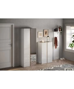 ARMADIO MULTIUSO BASSO CON 2 ANTE E 5 RIPIANI BIANCO LACCATO E ROVERE, 70X35X111 CM