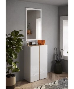 ARMADIO MULTIUSO BASSO CON 2 ANTE E 5 RIPIANI BIANCO LACCATO E ROVERE, 70X35X111 CM