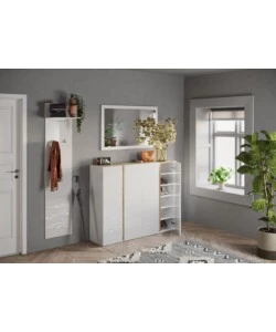 ARMADIO MULTIUSO BASSO CON 4 ANTE E 10 RIPIANI BIANCO LACCATO E ROVERE, 140X35X111 CM