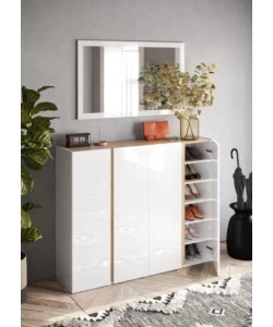 ARMADIO MULTIUSO BASSO CON 4 ANTE E 10 RIPIANI BIANCO LACCATO E ROVERE, 140X35X111 CM