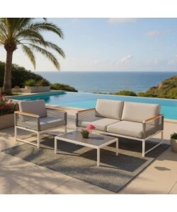 SET DA GIARDINO RIVIERA "PAPAVERO" BIANCO E GRIGIO CHIARO CON 4 POSTI E TAVOLINO