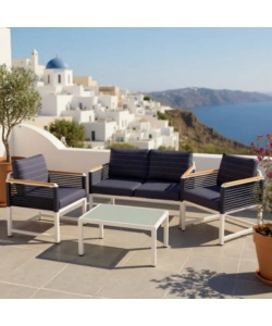 SET DA GIARDINO RIVIERA "PAPAVERO" BIANCO E BLU CON 4 POSTI E TAVOLINO