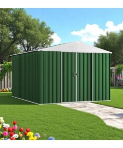 CASETTA DA GIARDINO DOMUS "L NEW" IN METALLO VERDE CON PORTE SCORREVOLI 267X173X194 CM