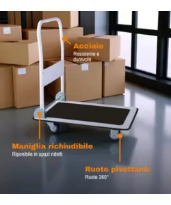 CARRELLO TRASPORTO PIEGHEVOLE EUROGARDEN CON MANICO E RUOTE PIVOTANTI IN ACCIAIO PORTATA 150 KG 73,3X47,7X83 CM
