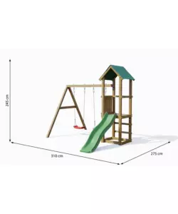 GIOCO PER BAMBINI DA ESTERNO IN LEGNO FUNGOO "LUCAS" CON TORRETTA, 2 ALTALENE E SCIVOLO 310X275X245 CM