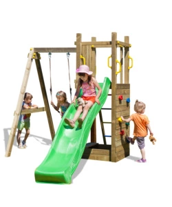 GIOCO PER BAMBINI DA ESTERNO IN LEGNO FUNGOO "FUNNY 3" CON TORRETTA, ALTALENA, SCIVOLO E PARETE DA ARRRAMPICATA 290X200X210 CM