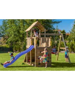 GIOCO PER BAMBINI DA ESTERNO IN LEGNO FUNGOO "CAROL 3" CON TORRETTA, ALTALENA, SCIVOLO, PARETE DA ARRRAMPICATA E RAMPA CON CORDA 310X460X282 CM