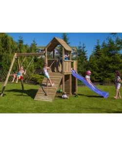 GIOCO PER BAMBINI DA ESTERNO IN LEGNO FUNGOO "CAROL 3" CON TORRETTA, ALTALENA, SCIVOLO, PARETE DA ARRRAMPICATA E RAMPA CON CORDA 310X460X282 CM