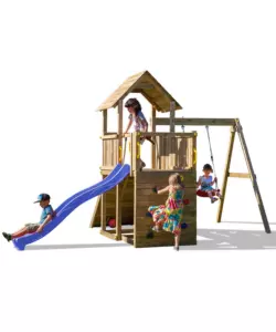 GIOCO PER BAMBINI DA ESTERNO IN LEGNO FUNGOO "CAROL 3" CON TORRETTA, ALTALENA, SCIVOLO, PARETE DA ARRRAMPICATA E RAMPA CON CORDA 310X460X282 CM