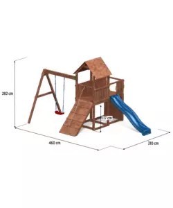 GIOCO PER BAMBINI DA ESTERNO IN LEGNO FUNGOO "CAROL 3" CON TORRETTA, ALTALENA, SCIVOLO, PARETE DA ARRRAMPICATA E RAMPA CON CORDA 310X460X282 CM
