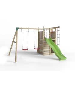 GIOCO PER BAMBINI DA ESTERNO IN LEGNO FUNGOO "HOUSER" CON TORRETTA, 2 ALTALENE, CORDA DA ARRAMPICATA E SCALA IN CORDA 343X363X220 CM