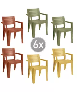 SET 6 SEDIE DA ESTERNO IMPILABILI KETER "JULIE" IN POLIPROPILENE 2 VERDE, 2 ROSSO, 2 GIALLO EFFETTO LEGNO 61,5X58,5X79 CM
